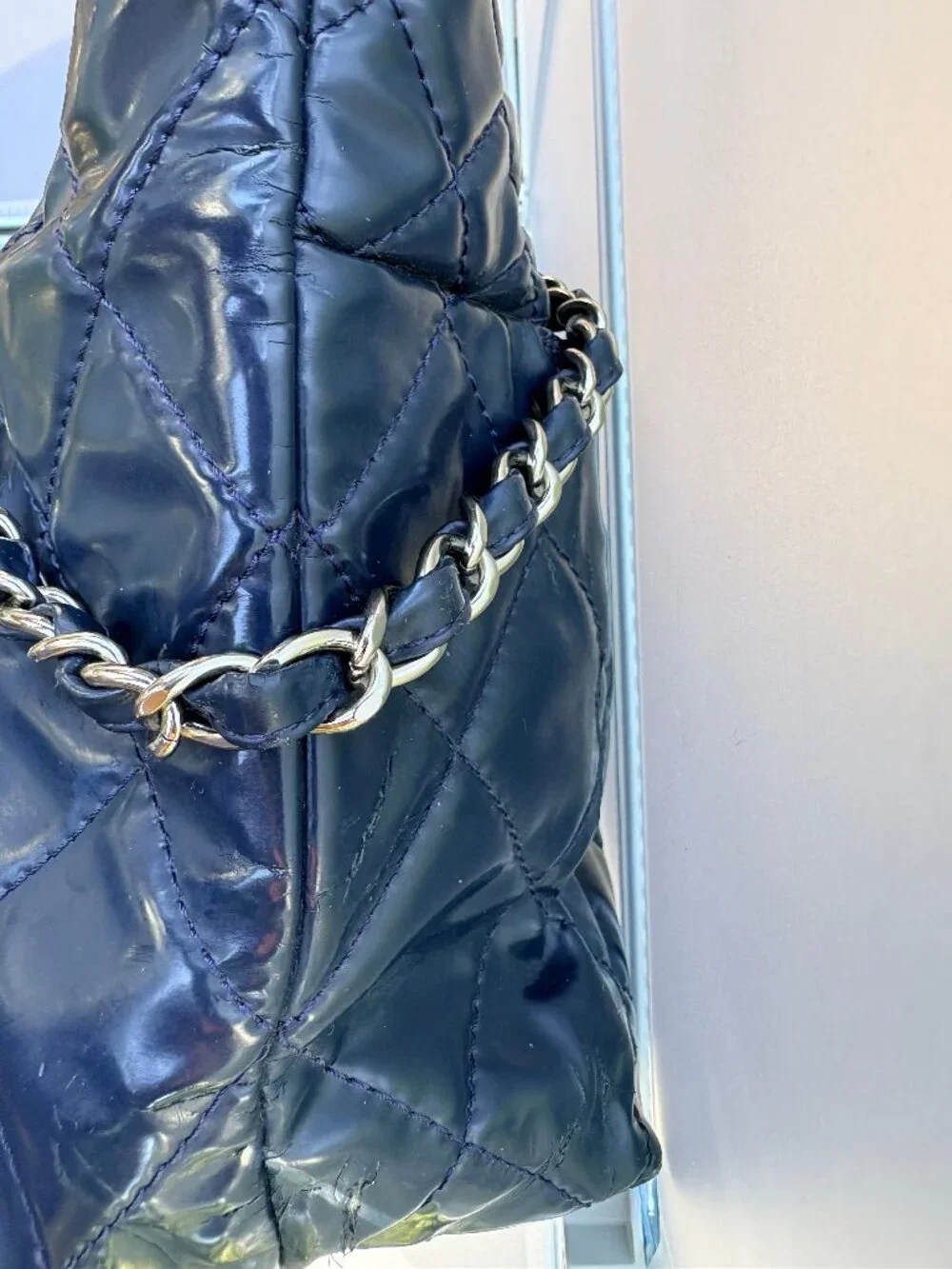 CHANEL Navy Blue Quilted Patent Leather Tote Bag Silver Chain Shoulder Bag - Picture 6 of 16